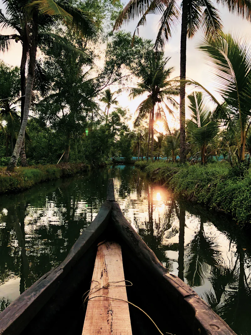 A wooden canoe on a Kerala backwater at sunset